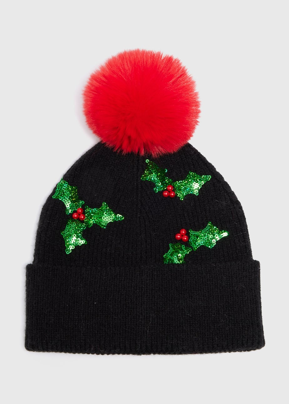 Black Christmas Holly Beanie