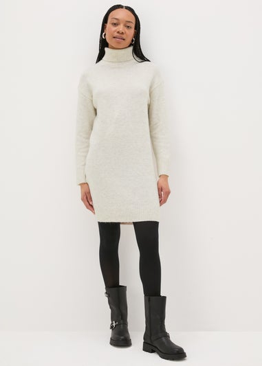Beige Roll Neck Knitted Mini Dress