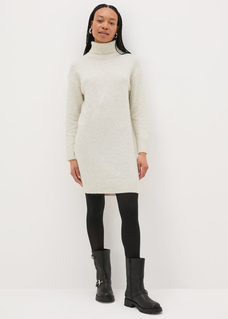 Beige Roll Neck Knitted Mini Dress