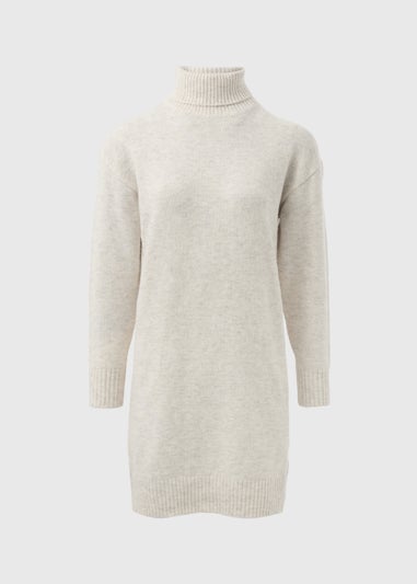 Beige Roll Neck Knitted Mini Dress