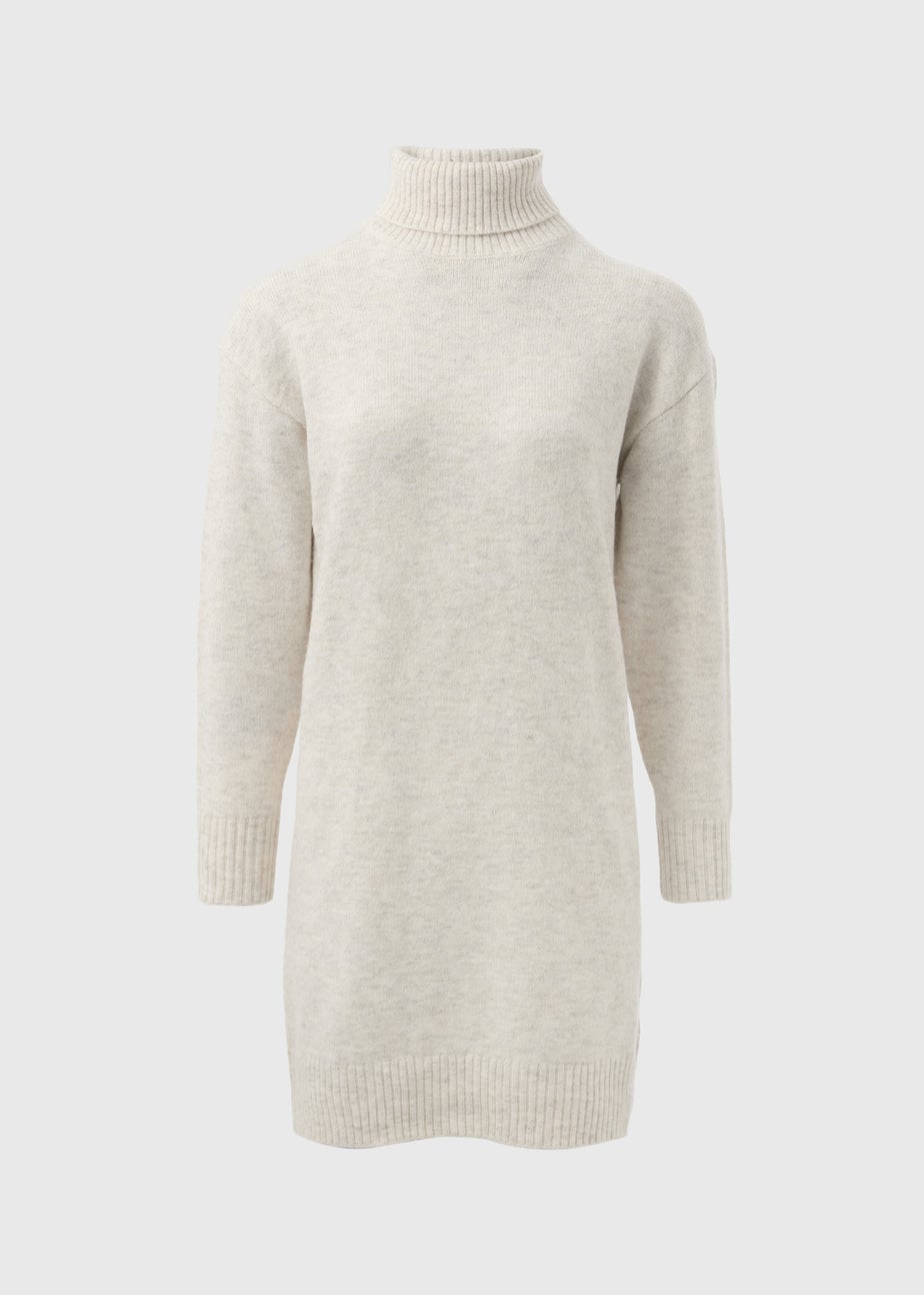 Beige Roll Neck Knitted Mini Dress