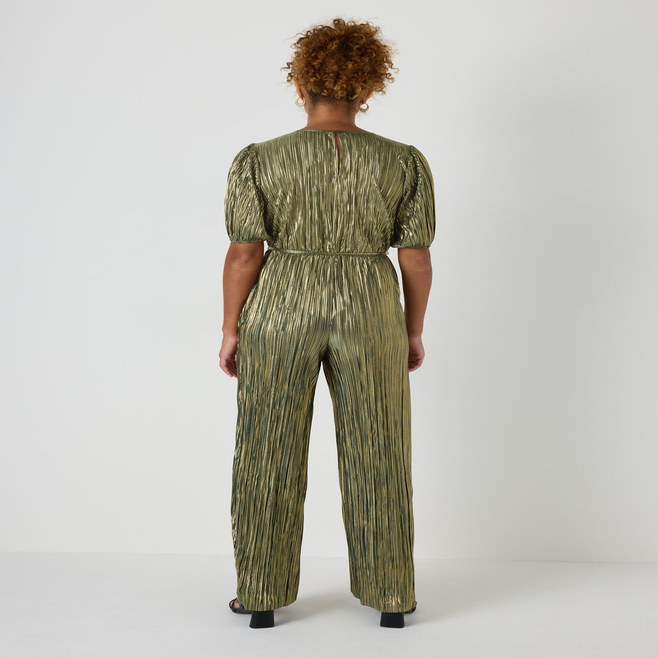 Green Metallic Plisse Jumpsuit
