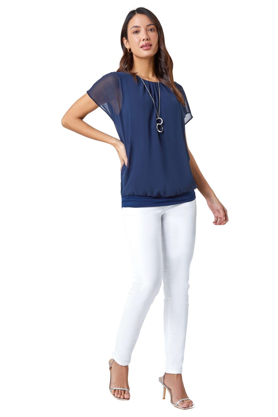 Roman Navy Chiffon Jersey Blouson Top with Necklace