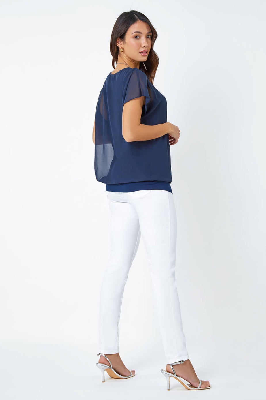 Roman Navy Chiffon Jersey Blouson Top with Necklace