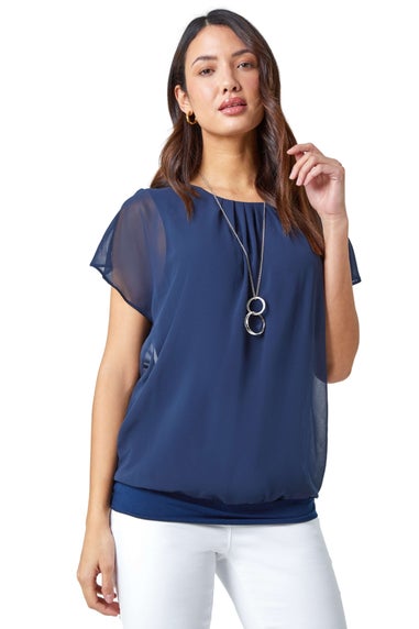 Roman Navy Chiffon Jersey Blouson Top with Necklace