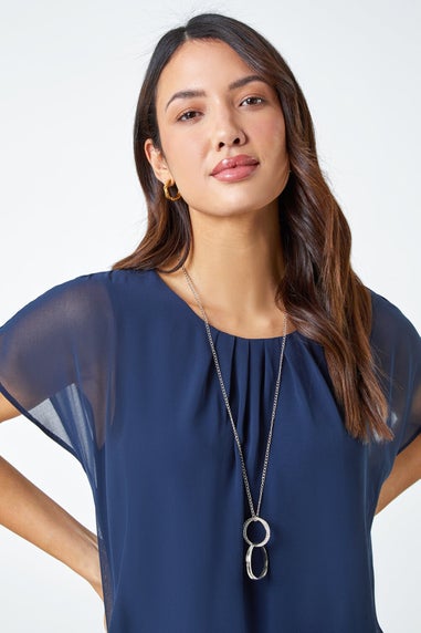 Roman Navy Chiffon Jersey Blouson Top with Necklace