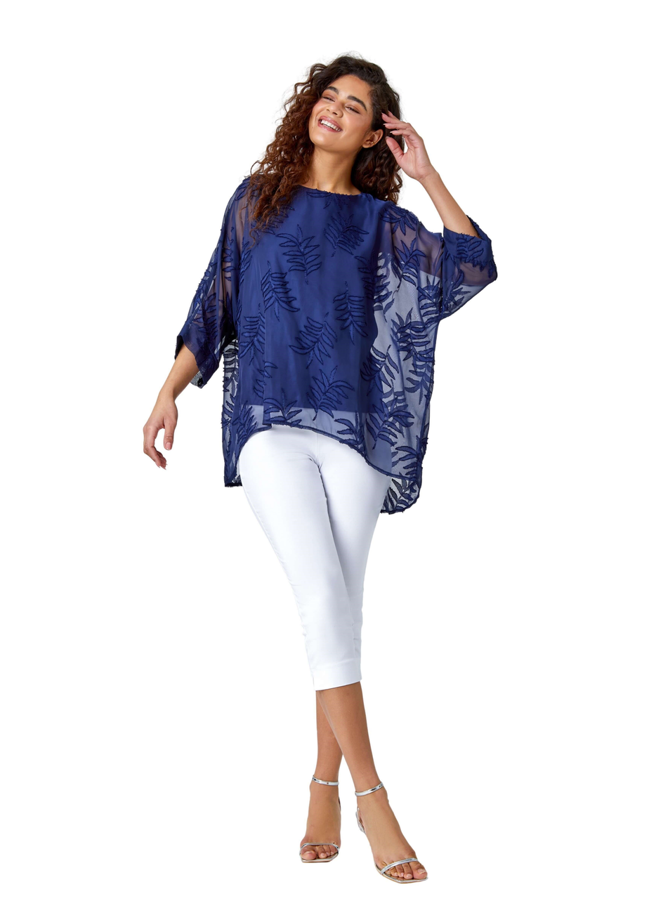 Roman Navy Leaf Burnout Print Chiffon Overlay Top