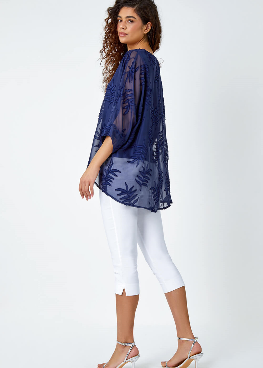 Roman Navy Leaf Burnout Print Chiffon Overlay Top