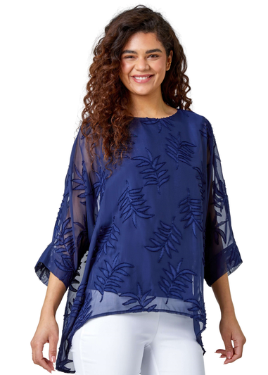 Roman Navy Leaf Burnout Print Chiffon Overlay Top