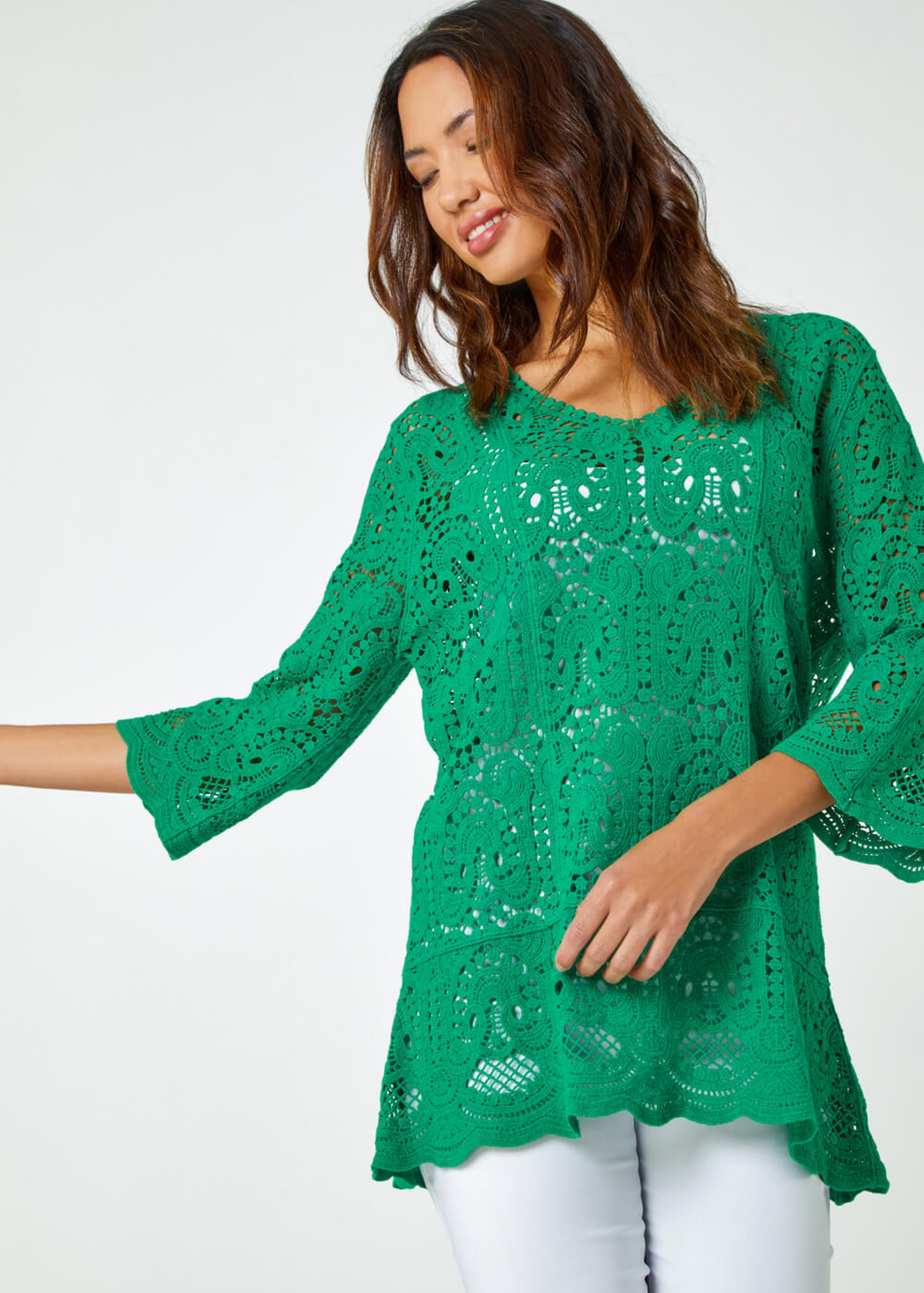Roman Jade Cotton Crochet Tunic Top