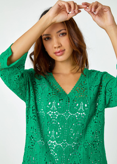Roman Jade Cotton Crochet Tunic Top