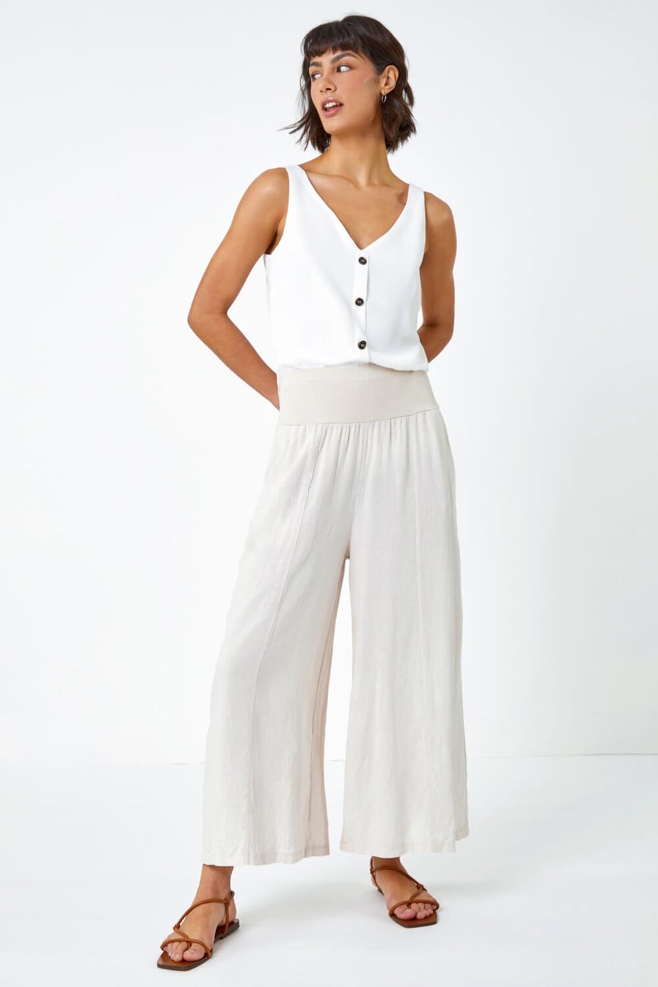 Roman Natural  Linen Blend Stretch Waist Culottes