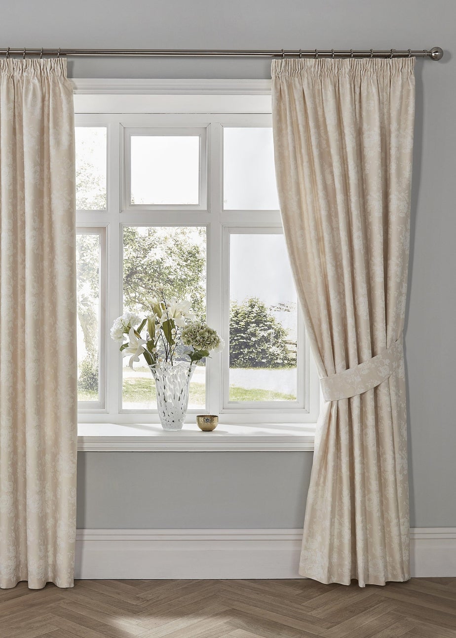 Dreams & Drapes Imelda Jacquard Ivory Pencil Pleat Curtains With Tie-Backs