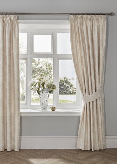 Dreams & Drapes Imelda Jacquard Ivory Pencil Pleat Curtains With Tie-Backs