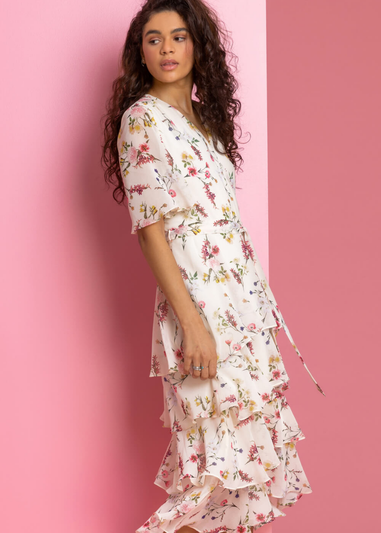 Roman Cream Floral Chiffon Frill Tiered Wrap Midi Dress