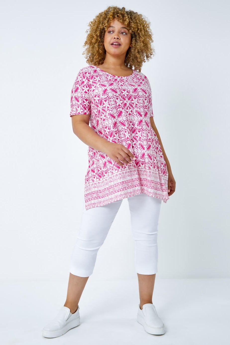 Roman Pink Curve Tile Print Stretch Top