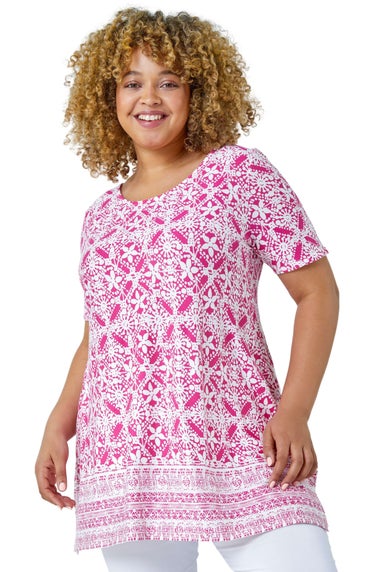 Roman Pink Curve Tile Print Stretch Top
