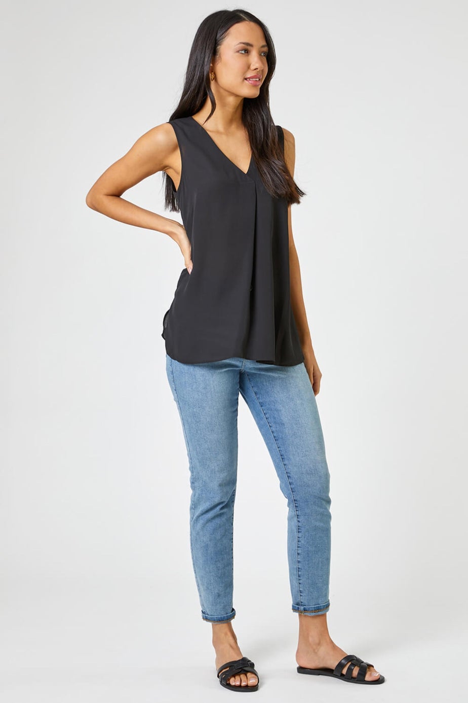 Roman Black V-Neck Pleat Tunic Tank Top