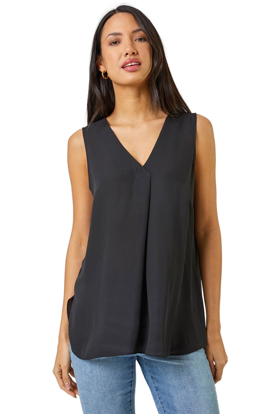 Roman Black V-Neck Pleat Tunic Tank Top