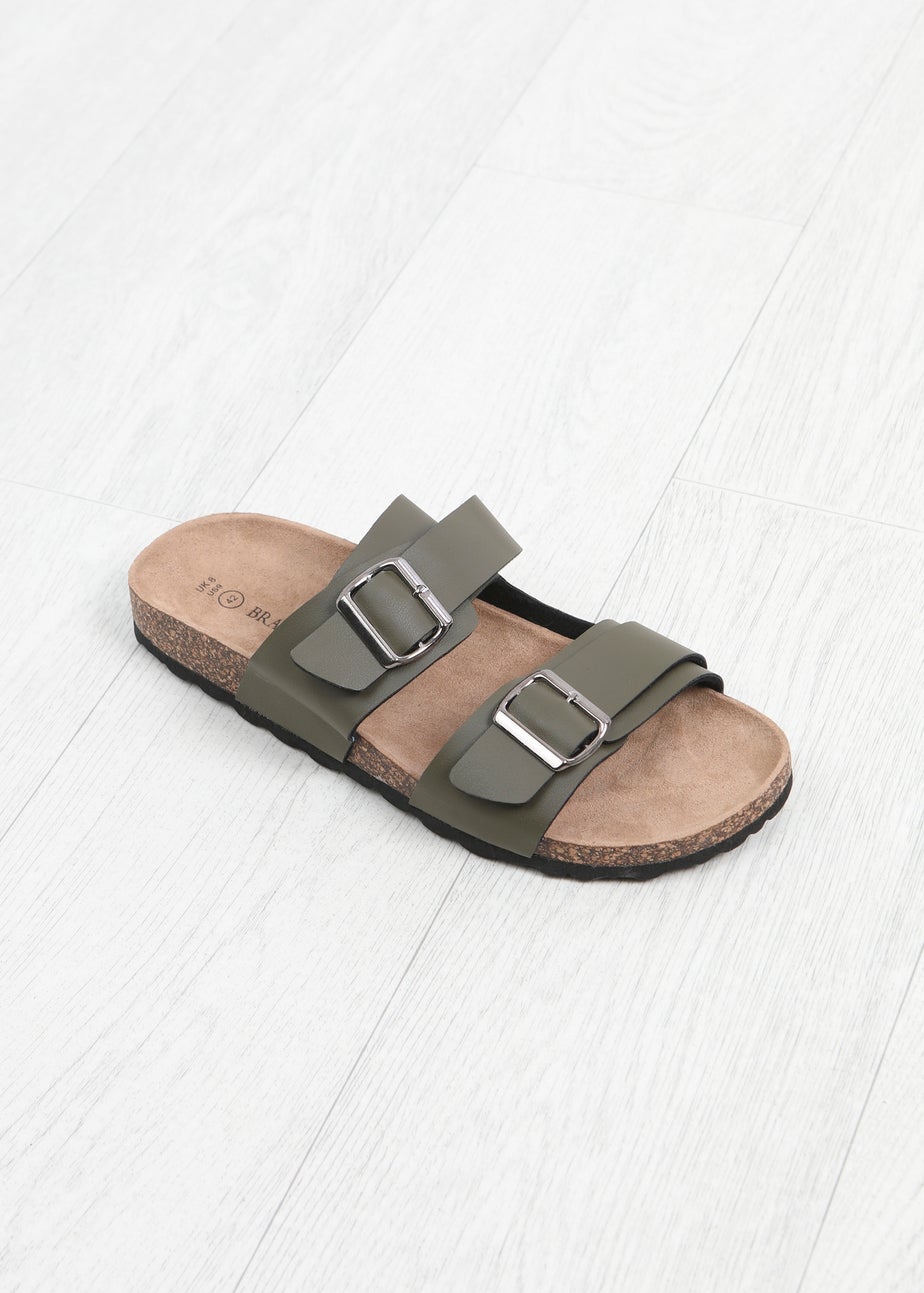 Brave Soul Khaki Faux Leather Buckle Strap Cork Sandals