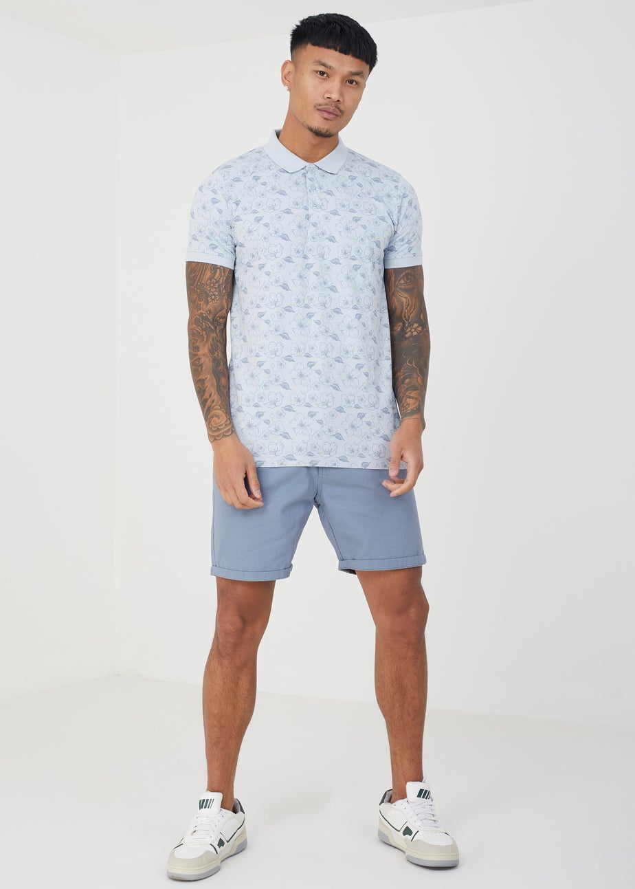 Brave Soul Light Blue Cotton Print Polo Shirt