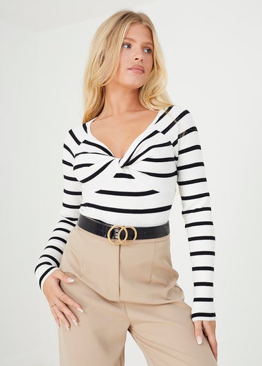 Brave Soul White Twisted V-Neck Rib Jumper