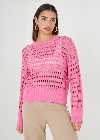 Brave Soul Pink Mesh Cropped Oversized Jumper
