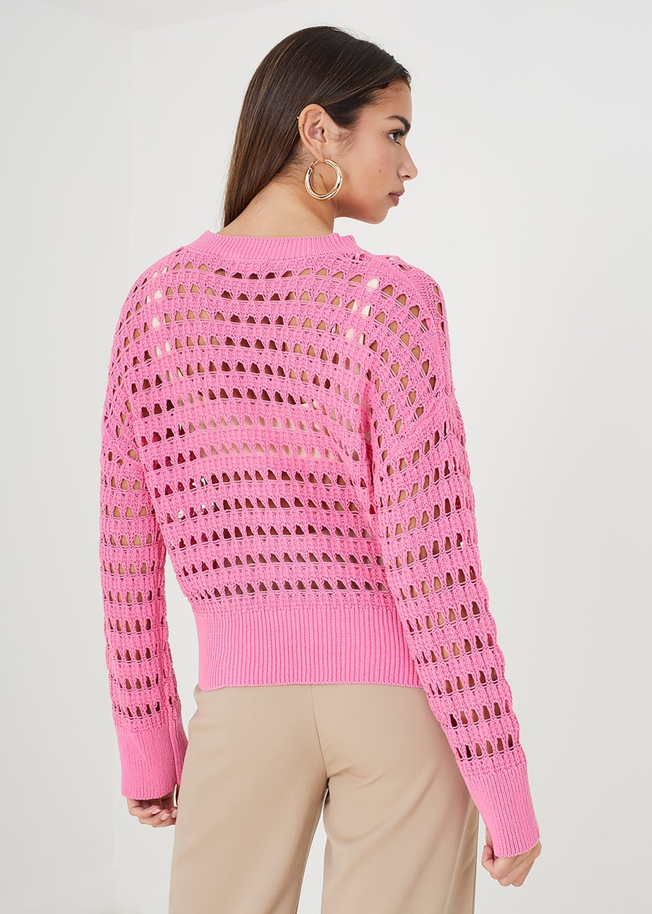 Brave Soul Pink Mesh Cropped Oversized Jumper