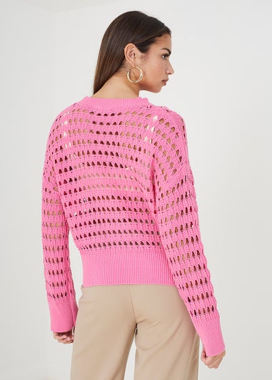Brave Soul Pink Mesh Cropped Oversized Jumper