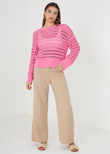 Brave Soul Pink Mesh Cropped Oversized Jumper