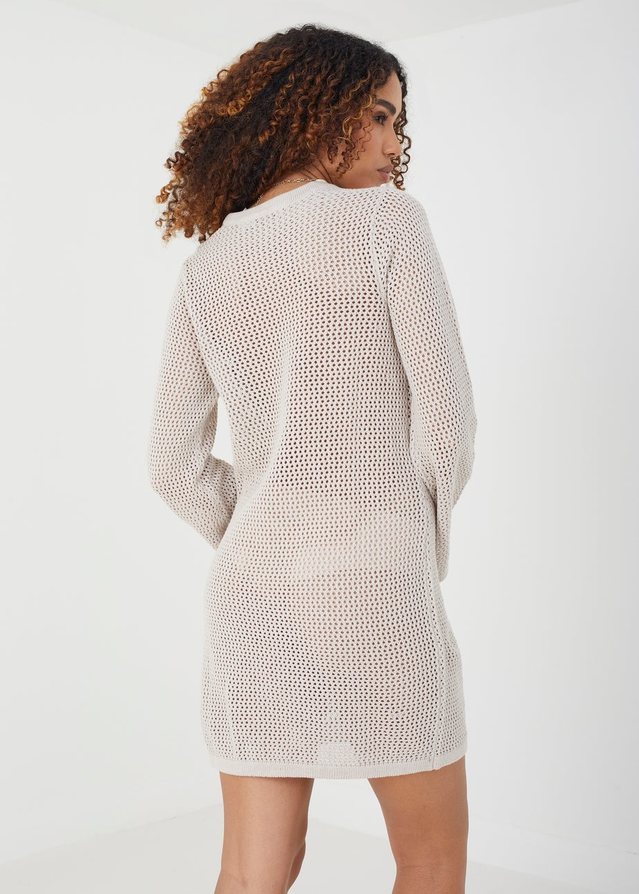 Brave Soul Stone Long Sleeve Knit Mesh Dress With Eyelet Detail