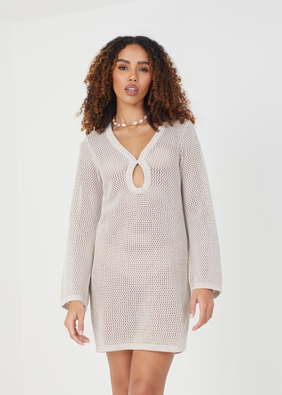 Brave Soul Stone Long Sleeve Knit Mesh Dress With Eyelet Detail