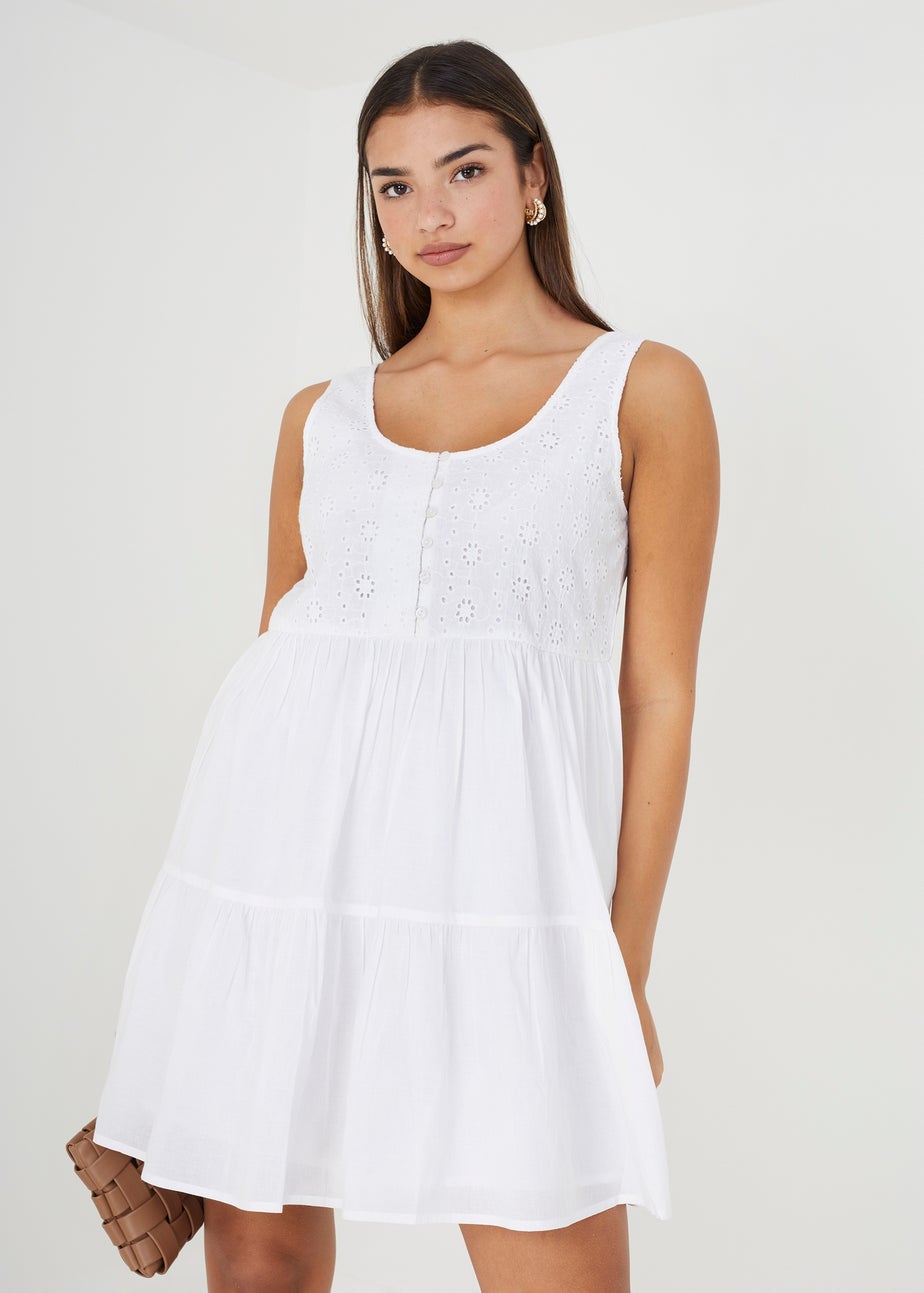 Brave Soul White Borderie Top Tiered Smock Mini Dress