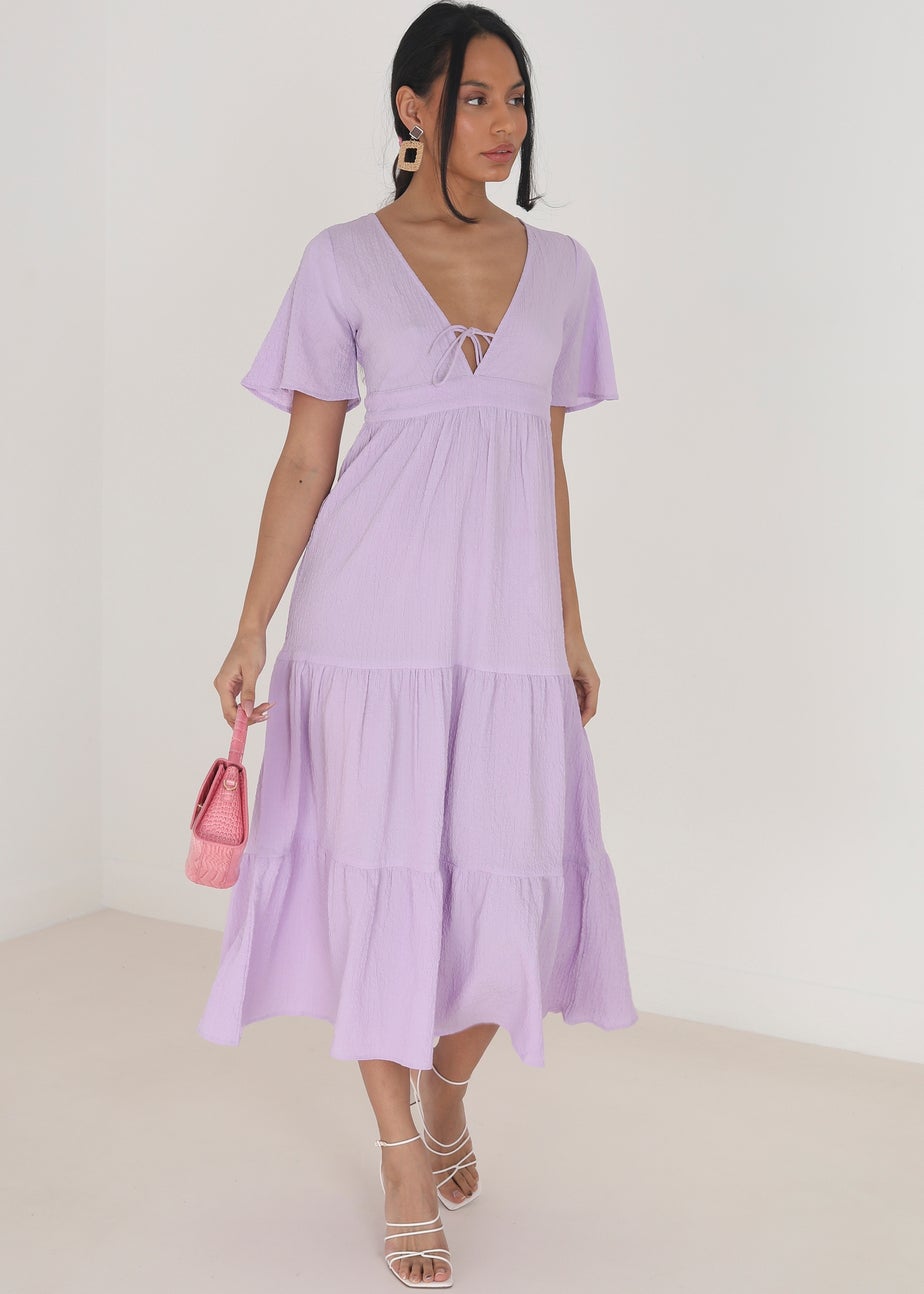 Brave Soul Lilac V-Neck Flutter Sleeve Tiered Midi Dress