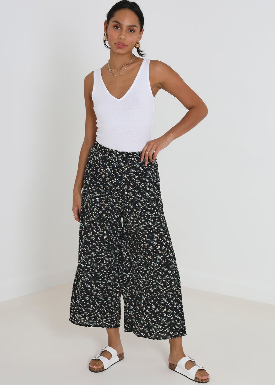 Brave Soul Black Wide Leg Elasticated Waist Floral Trousers
