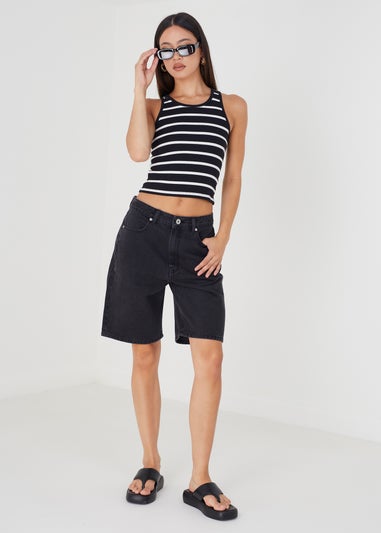 Brave Soul Black Longline Denim Shorts