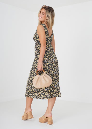 Brave Soul Black Sleeveless V-Neck Floral Midi Dress