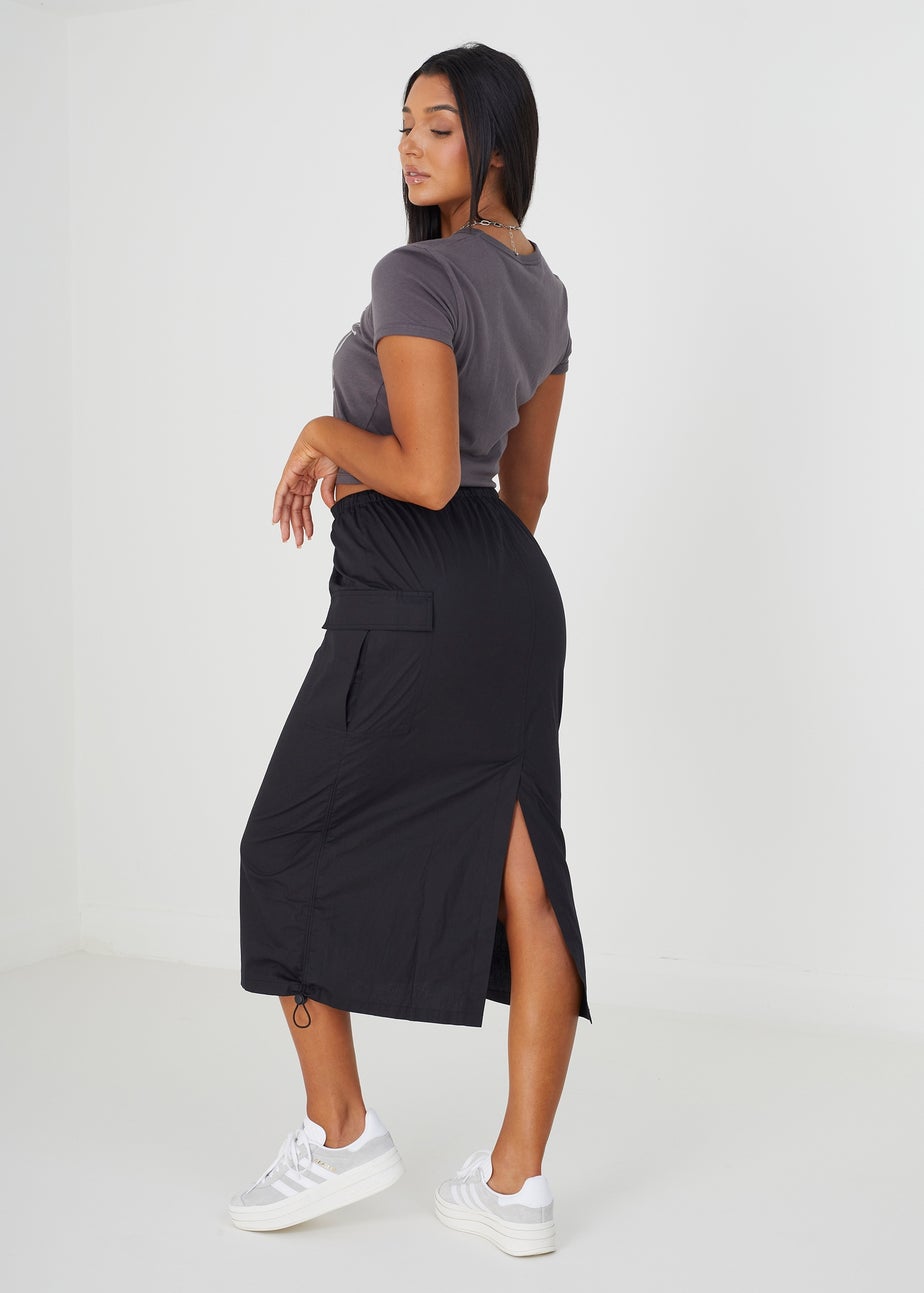 Brave Soul Black Cotton Maxi Parachute Cargo Skirt