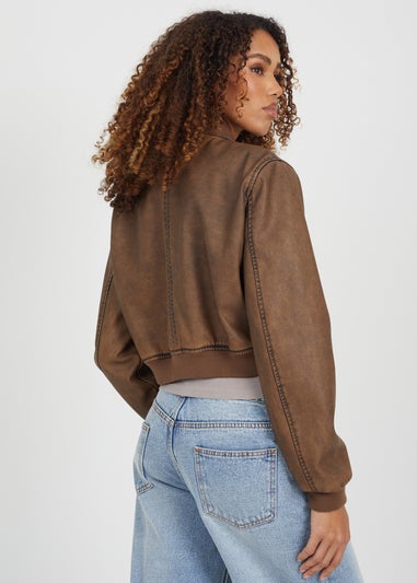 Brave Soul Brown Vintage PU Cropped Bomber Jacket