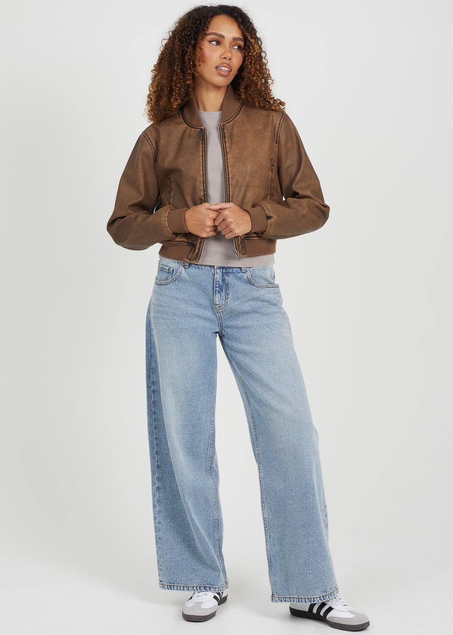 Brave Soul Brown Vintage PU Cropped Bomber Jacket