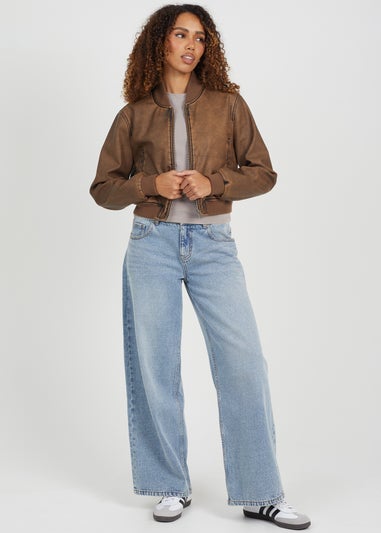 Brave Soul Brown Vintage PU Cropped Bomber Jacket