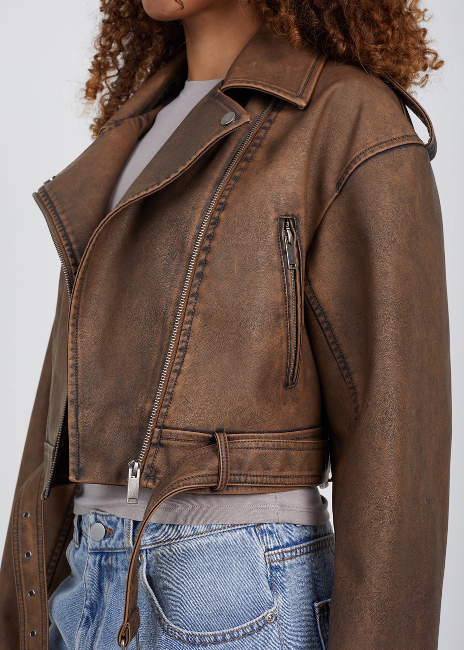Brave Soul Brown Faux Leather Cropped Biker Jacket