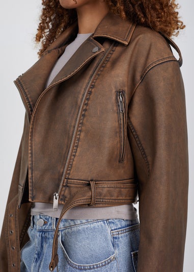 Brave Soul Brown Faux Leather Cropped Biker Jacket