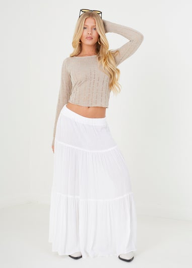 Brave Soul Taupe Textured Mesh Long Sleeve Top