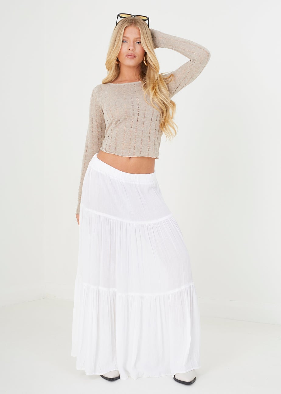 Brave Soul Taupe Textured Mesh Long Sleeve Top