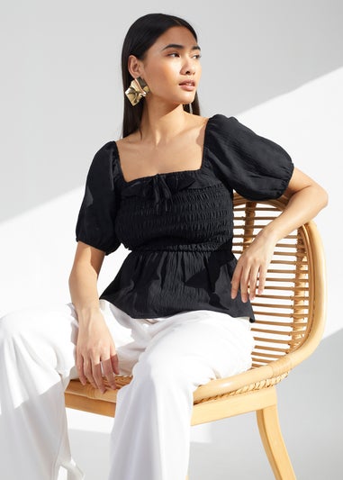 Brave Soul Black Puff Sleeve Shirred Top