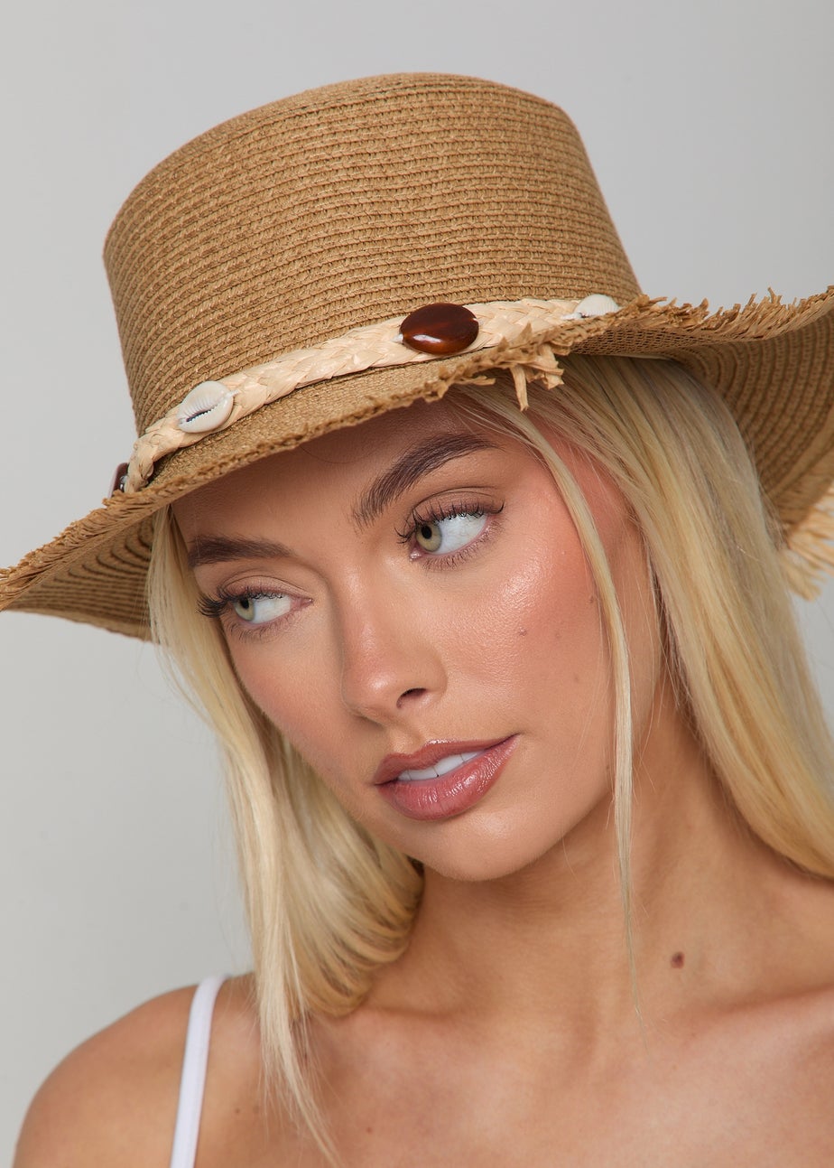 Madein Straw Boater Hat With Detailed Trim And Frayed Edge