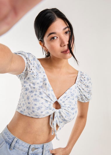 Pink Vanilla White Floral Broderie Puff Sleeve Top