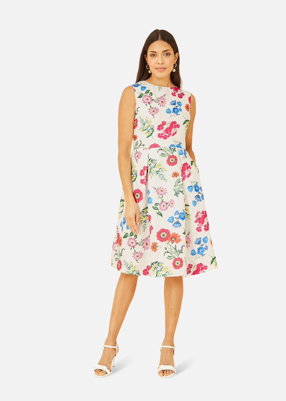 Yumi Ivory Botanical Floral Jacquard Skater Dress