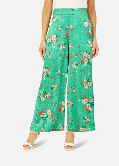 Yumi Green Floral Satin Wide Leg Trousers